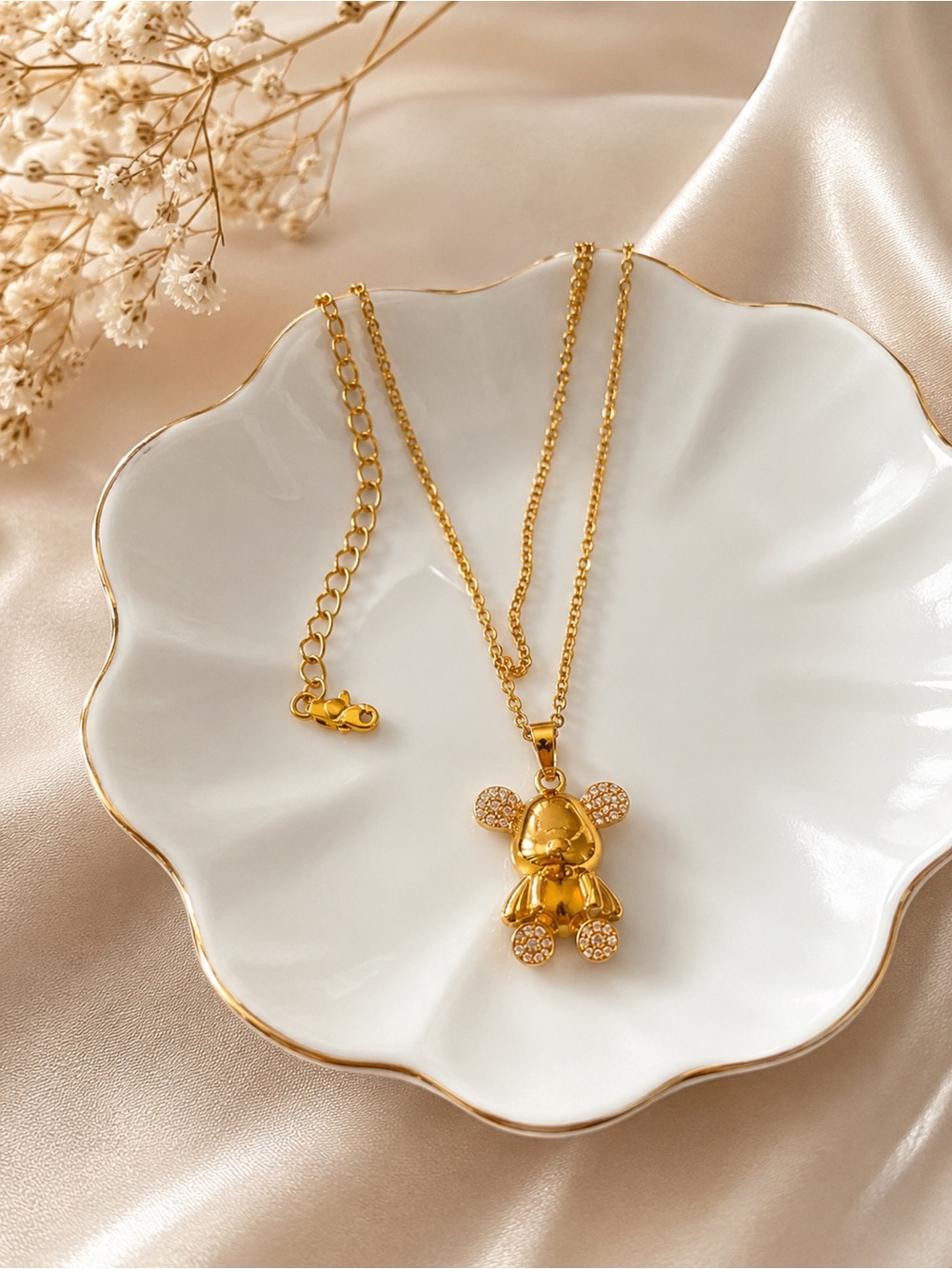 Stainless Steel Gold Teddy Bear Pendant Necklace